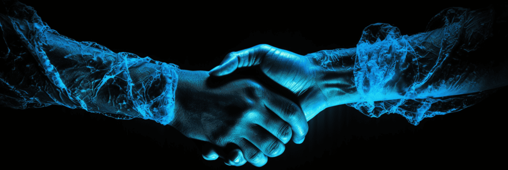 electric blue handshake on a black background