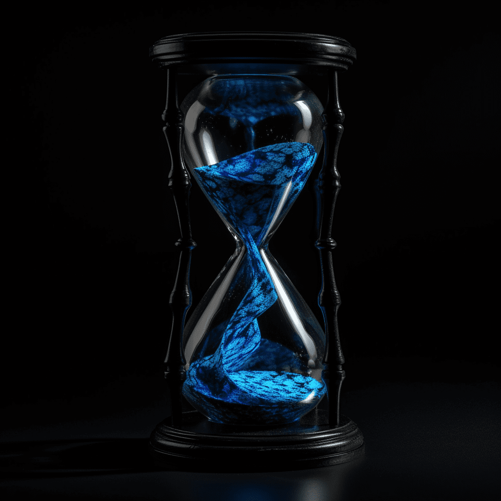 electric blue hourglass on black background