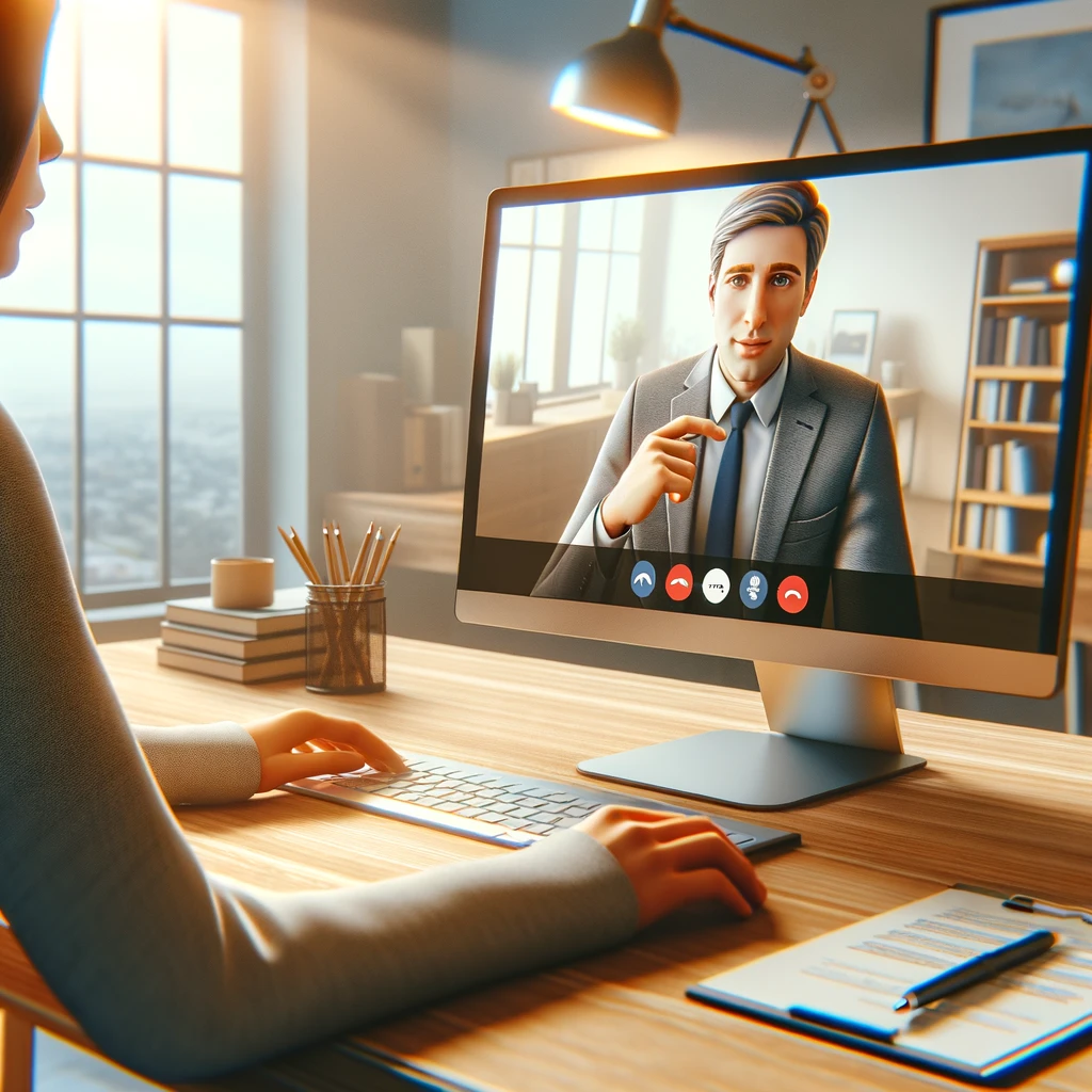 A life coach engaging in a Zoom meeting from the participant's perspective, with the coach displayed on the computer screen in a well-organized home office setting, symbolizing virtual coaching and personal growth communication.