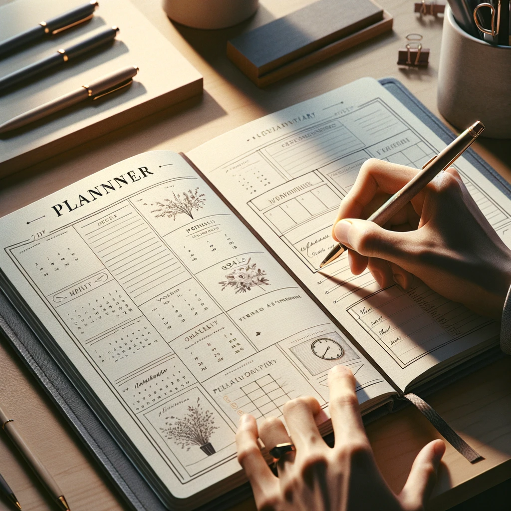 A person's hand writing in a yearly planner on a tidy desk, surrounded by minimal stationery, highlighting the act of organizing and planning for productivity and personal goals in a well-lit, comfortable workspace.